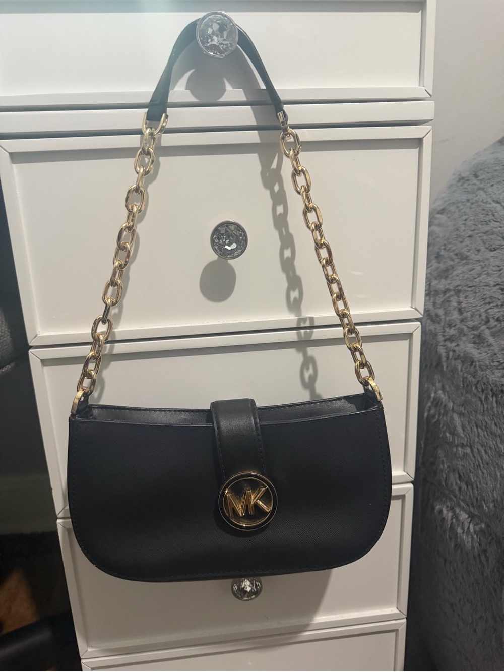 Michael Kors Black Shoulder Bag with Gold Chain Strap and MK Logo